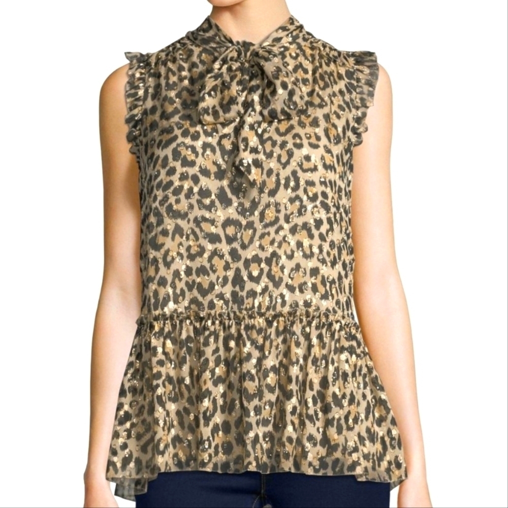 Kate Spade Silk Metallic Leopard Clip Dot Tie Peplum Ruffle Top Brown Gold